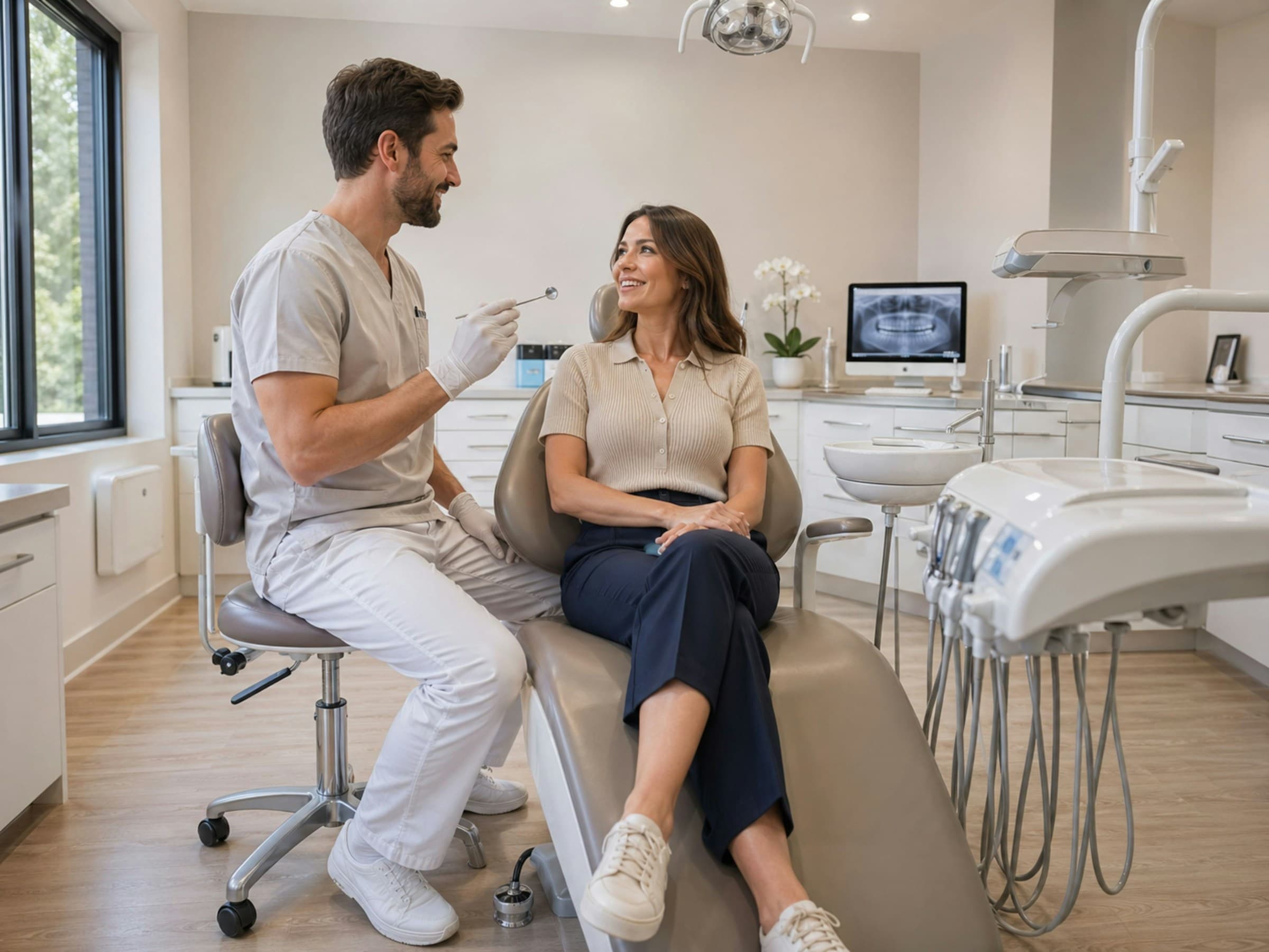 A dentist talking through treatment with a patient at Brightwell Dental Co.